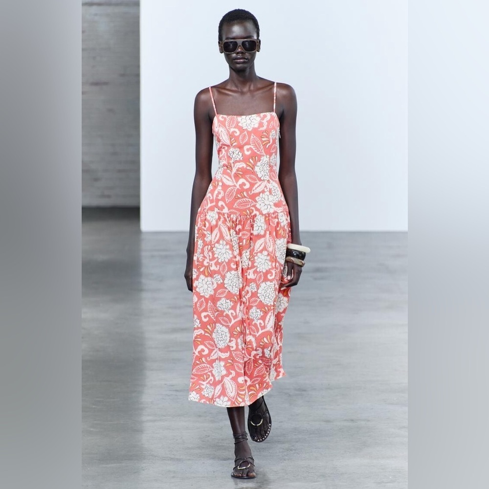 NWT Zara Coral Floral Midi Dress with White Print